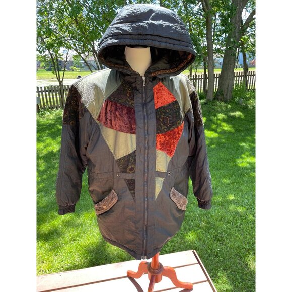 Vintage Atlantic Highlands Hooded Patchwork Jacket With Velvet Accents & Zipper - Picture 1 of 8